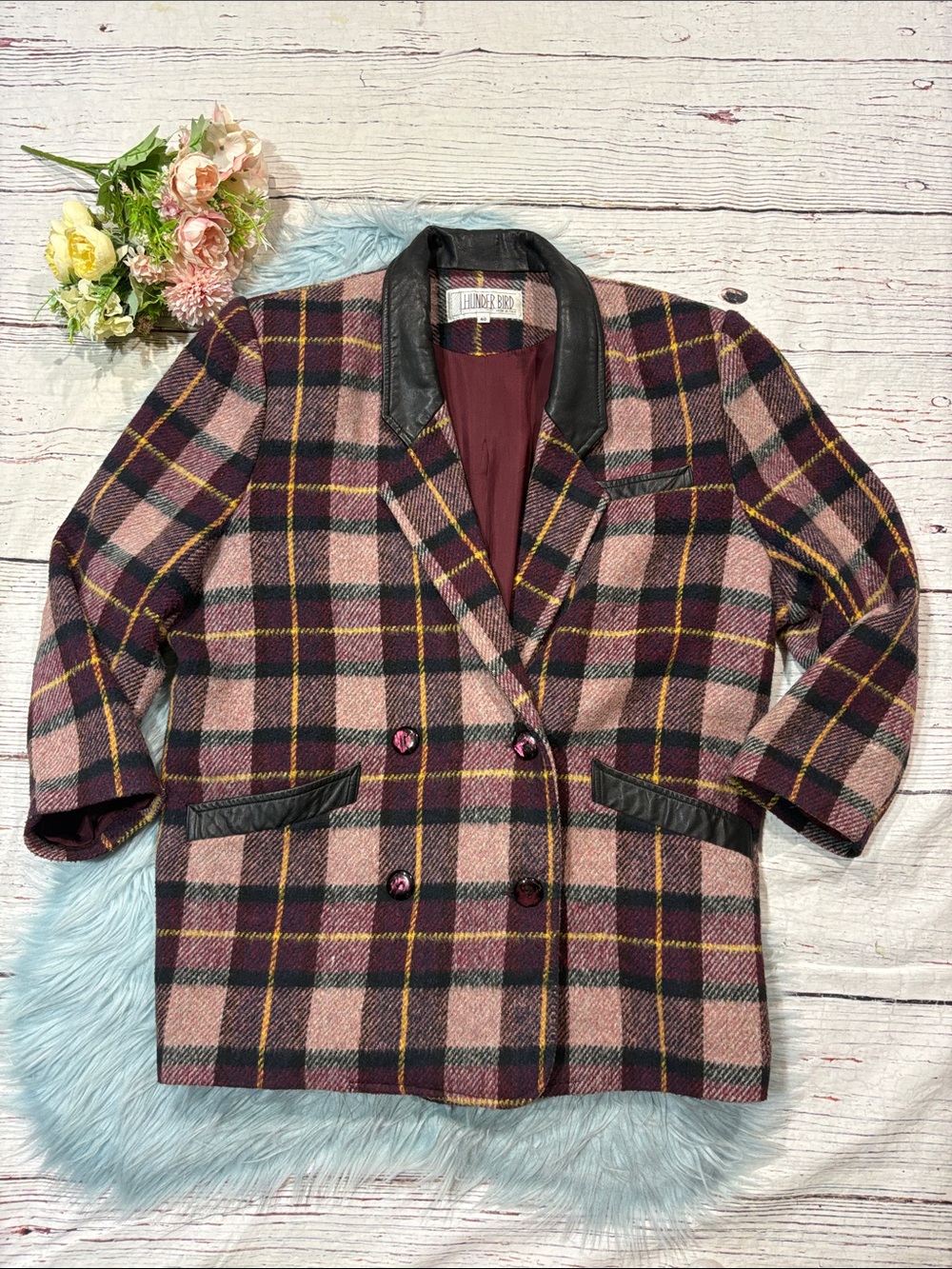 Vintage Academia Oversized Plaid Leather Trim Double Breasted Blazer